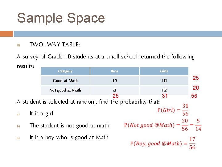 Sample Space TWO- WAY TABLE: A survey of Grade 10 students at a small