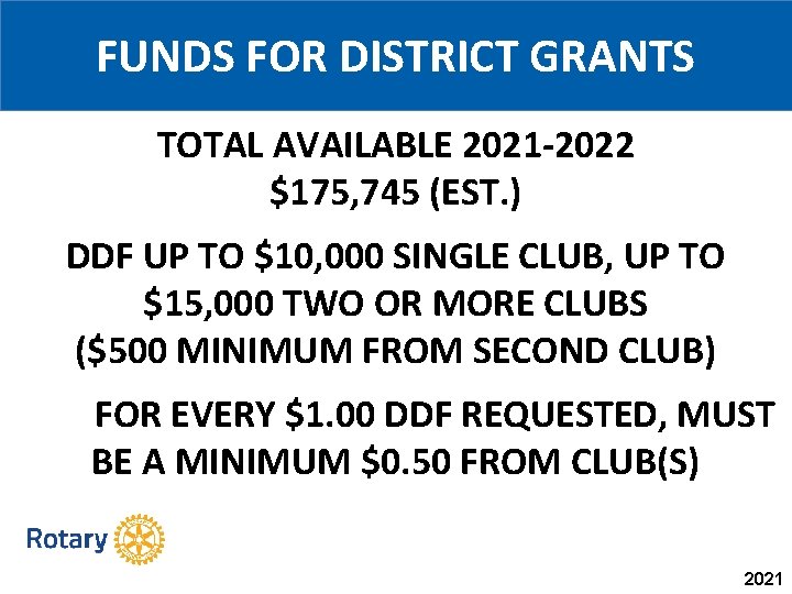 FUNDS FOR DISTRICT GRANTS TOTAL AVAILABLE 2021 -2022 $175, 745 (EST. ) DDF UP