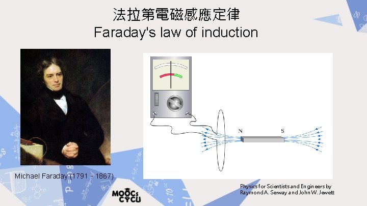 法拉第電磁感應定律 Faraday's law of induction Michael Faraday (1791－1867) Physics for Scientists and Engineers by