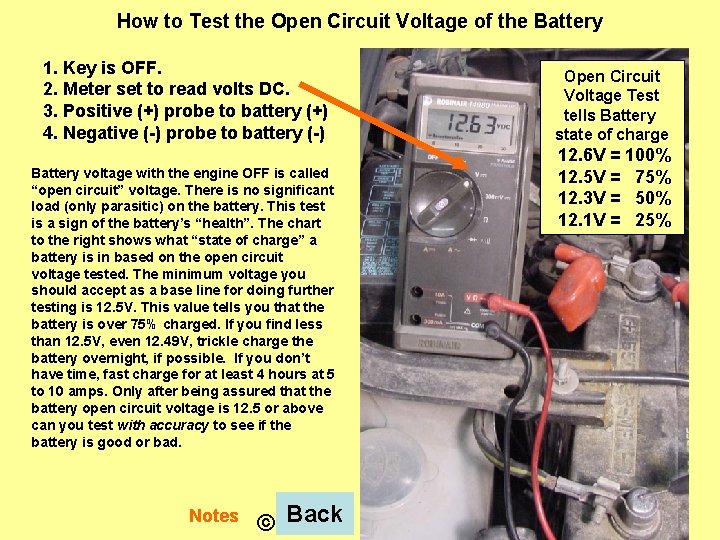 How to Test the Open Circuit Voltage of the Battery 1. Key is OFF.