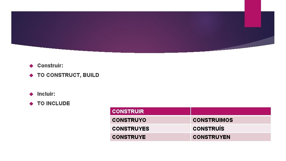  Construir: TO CONSTRUCT, BUILD Incluir: TO INCLUDE CONSTRUIR CONSTRUYO CONSTRUIMOS CONSTRUYES CONSTRUÍS CONSTRUYEN