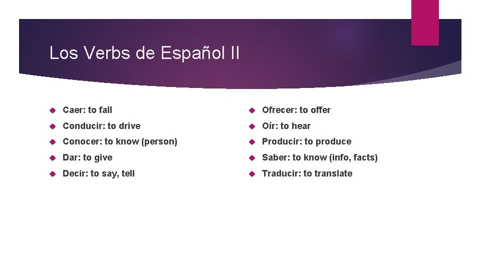 Los Verbs de Español II Caer: to fall Ofrecer: to offer Conducir: to drive