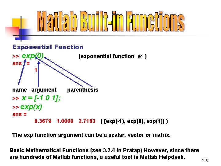 Exponential Function >> exp(0) ans = 1 name argument (exponential function ex ) parenthesis Exponential Function >> exp(0) ans = 1 name argument (exponential function ex ) parenthesis