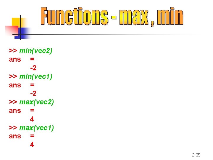 >> min(vec 2) ans = -2 >> min(vec 1) ans = -2 >> max(vec >> min(vec 2) ans = -2 >> min(vec 1) ans = -2 >> max(vec