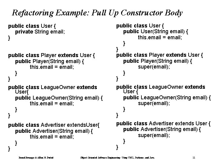 Refactoring Example: Pull Up Constructor Body public class Player extends User { public Player(String