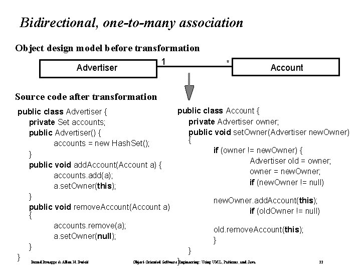 Bidirectional, one-to-many association Object design model before transformation Advertiser 1 * Account Source code