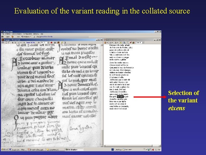 Evaluation of the variant reading in the collated source Selection of the variant eixens