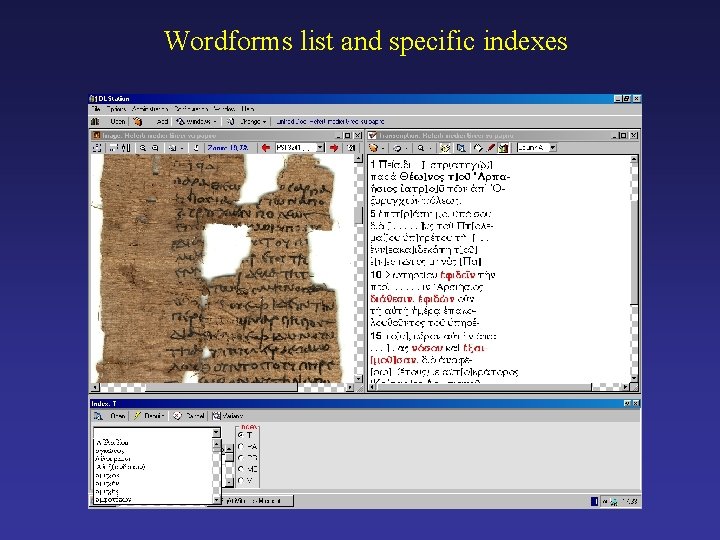 Wordforms list and specific indexes 