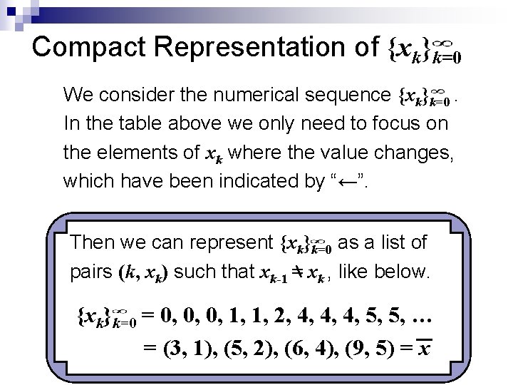 Compact Representation of {xk}k=0 We consider the numerical sequence {xk}k=0. In the table above
