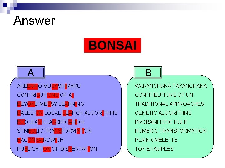Answer BONSAI A B AKEBONO MUSASHIMARU WAKANOHANA TAKANOHANA CONTRIBUTIONS OF AI CONTRIBUTIONS OF UN