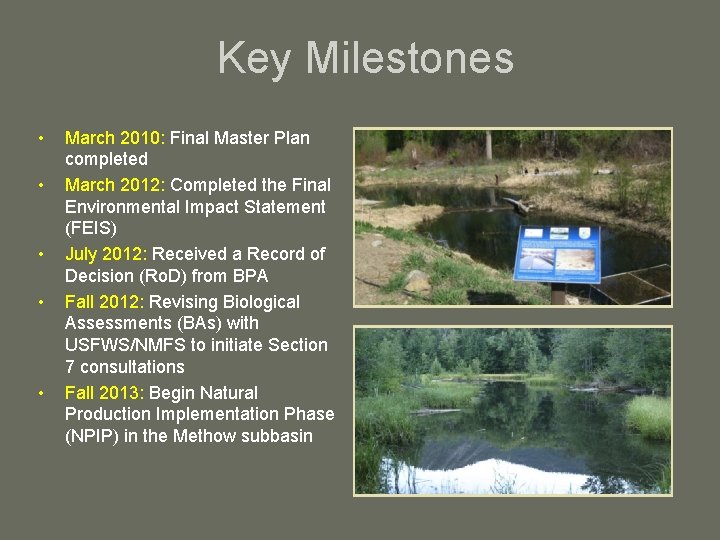 Key Milestones • • • March 2010: Final Master Plan completed March 2012: Completed