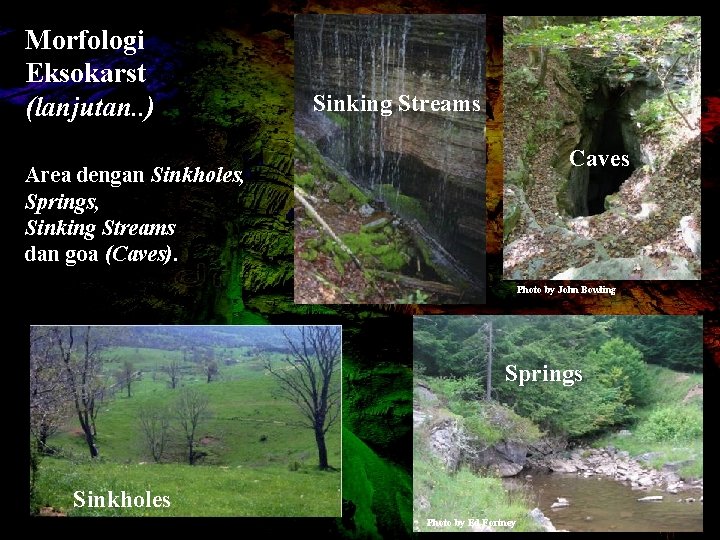 Morfologi Eksokarst (lanjutan. . ) Sinking Streams Caves Area dengan Sinkholes, Springs, Sinking Streams