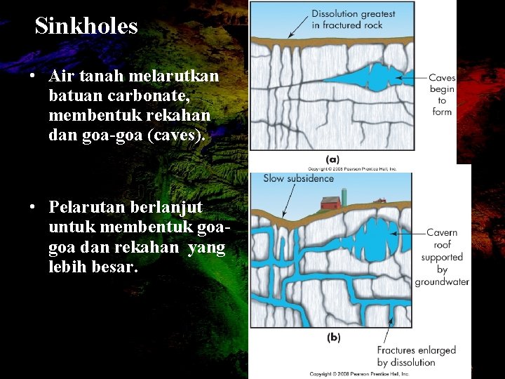 Sinkholes • Air tanah melarutkan batuan carbonate, membentuk rekahan dan goa-goa (caves). • Pelarutan