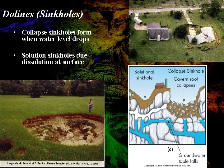 Dolines (Sinkholes) • Collapse sinkholes form when water level drops • Solution sinkholes due