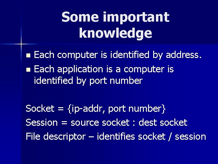 Some important knowledge Each computer is identified by address. n Each application is a