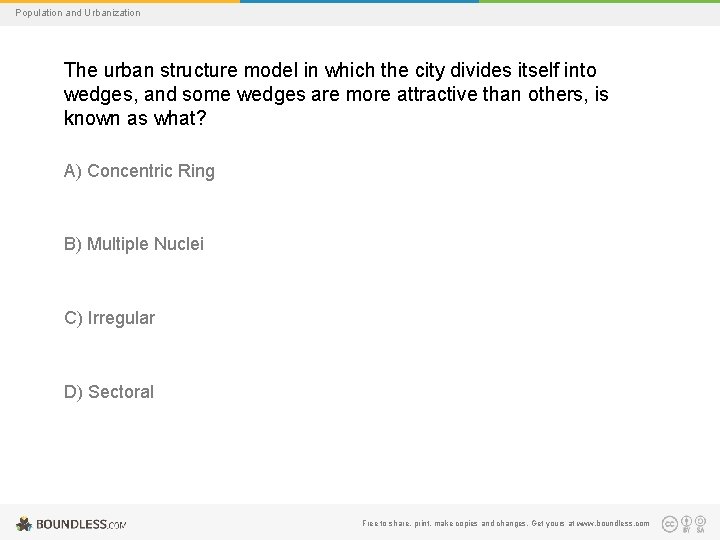 Population and Urbanization The urban structure model in which the city divides itself into