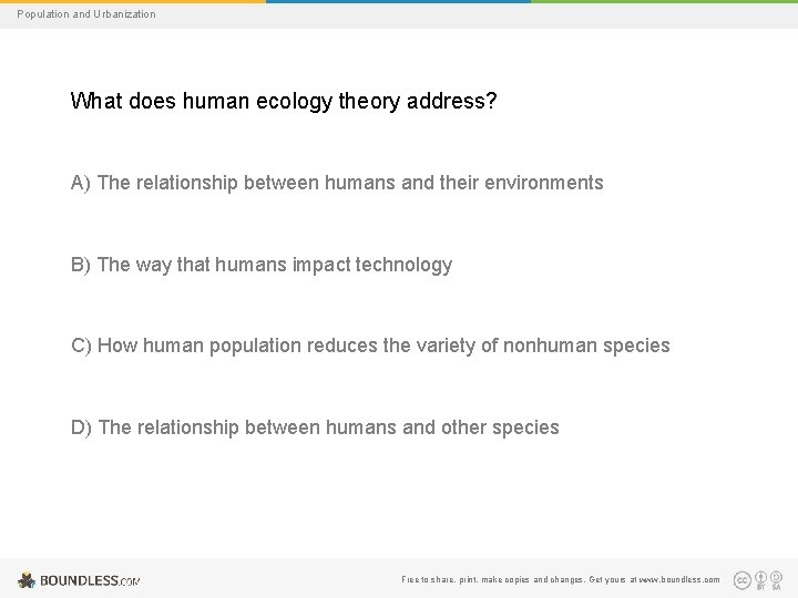 Population and Urbanization What does human ecology theory address? A) The relationship between humans