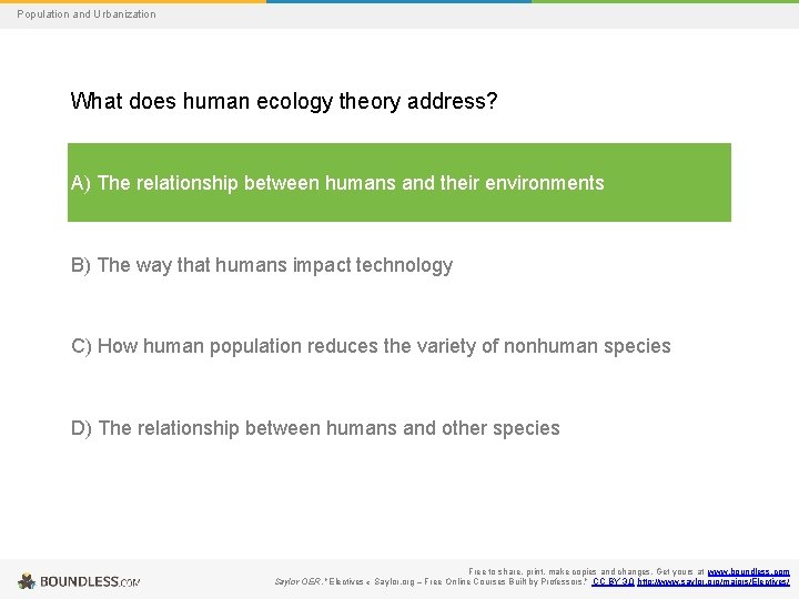 Population and Urbanization What does human ecology theory address? A) The relationship between humans