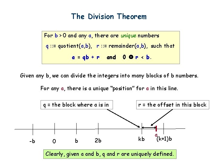 The Division Theorem For b > 0 and any a, there are unique numbers