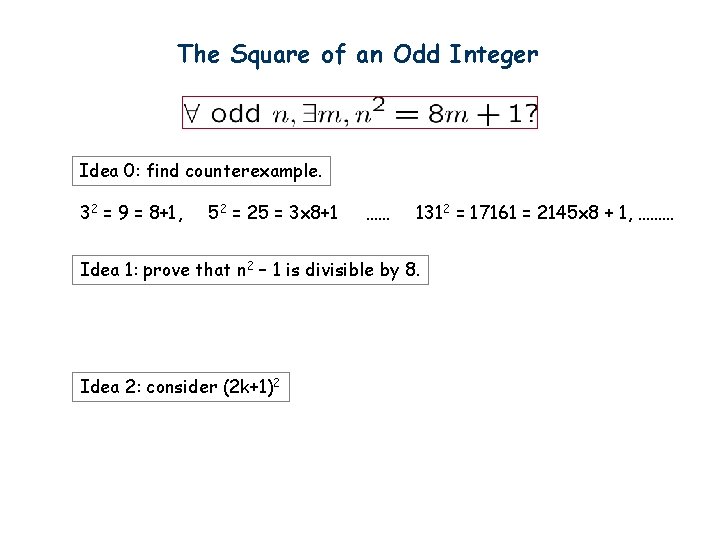 The Square of an Odd Integer Idea 0: find counterexample. 32 = 9 =