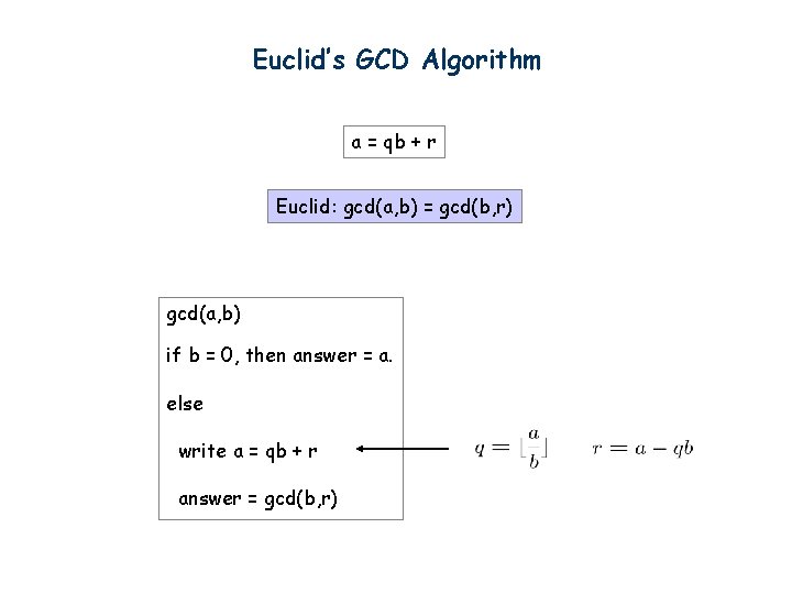 Euclid’s GCD Algorithm a = qb + r Euclid: gcd(a, b) = gcd(b, r)