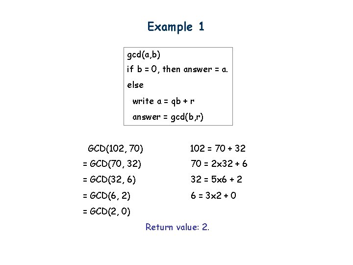 Example 1 gcd(a, b) if b = 0, then answer = a. else write