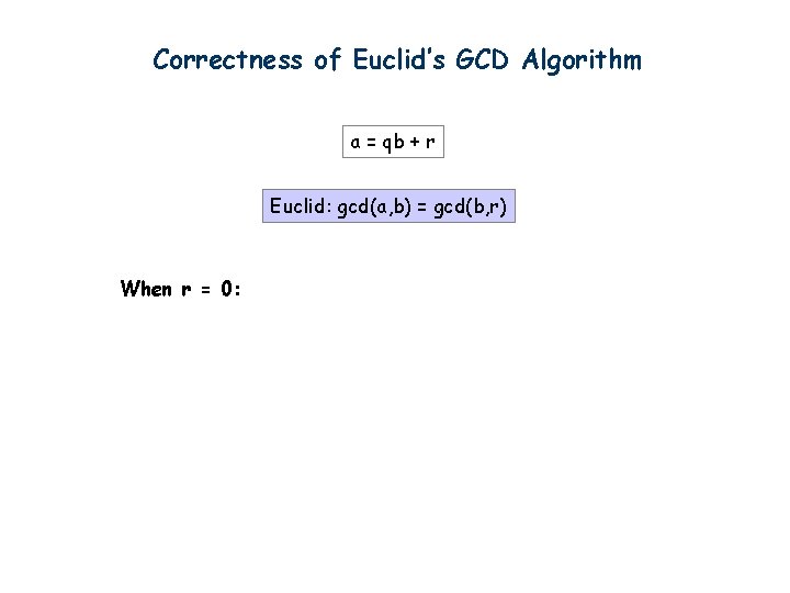 Correctness of Euclid’s GCD Algorithm a = qb + r Euclid: gcd(a, b) =