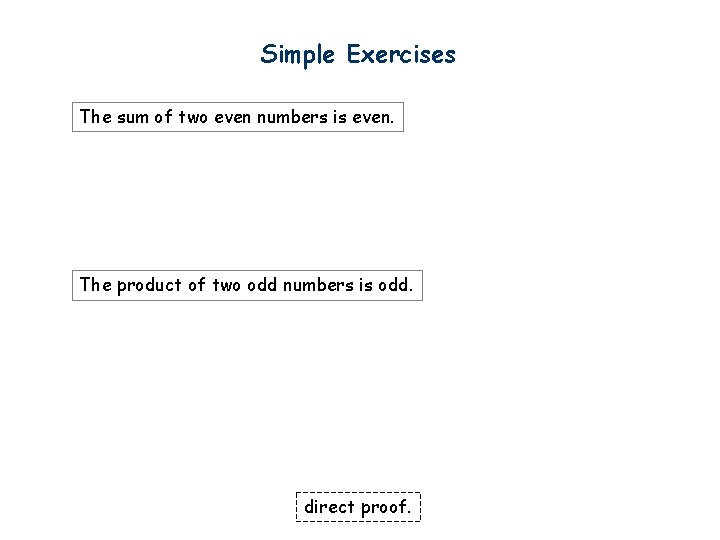 Simple Exercises The sum of two even numbers is even. The product of two