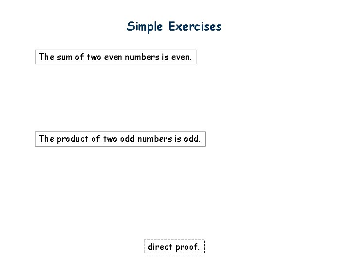 Simple Exercises The sum of two even numbers is even. The product of two
