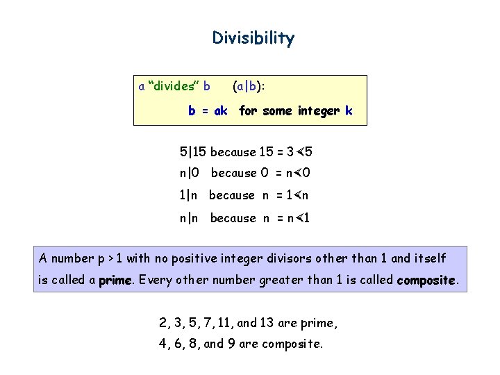 Divisibility a “divides” b (a|b): b = ak for some integer k 5|15 because