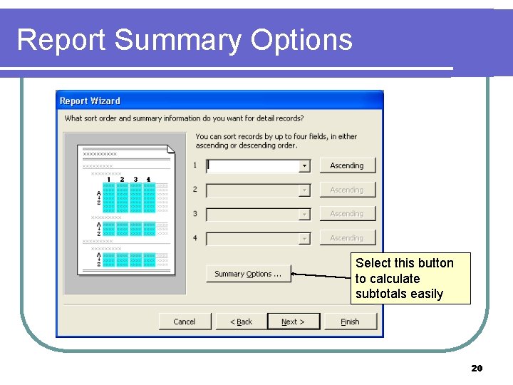 Report Summary Options Select this button to calculate subtotals easily 20 
