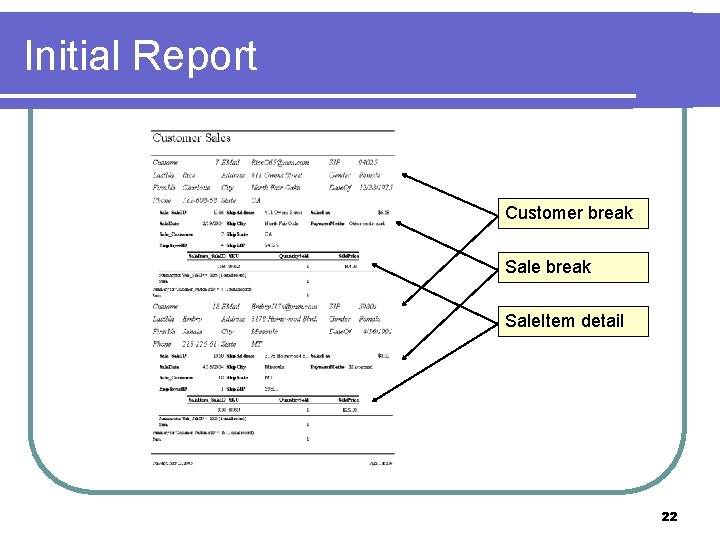 Initial Report Customer break Sale. Item detail 22 