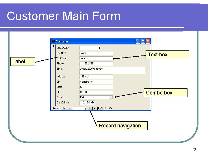 Customer Main Form Text box Label Combo box Record navigation 3 