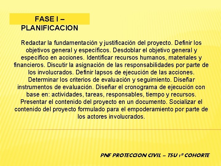 FASE I – PLANIFICACION Redactar la fundamentación y justificación del proyecto. Definir los objetivos