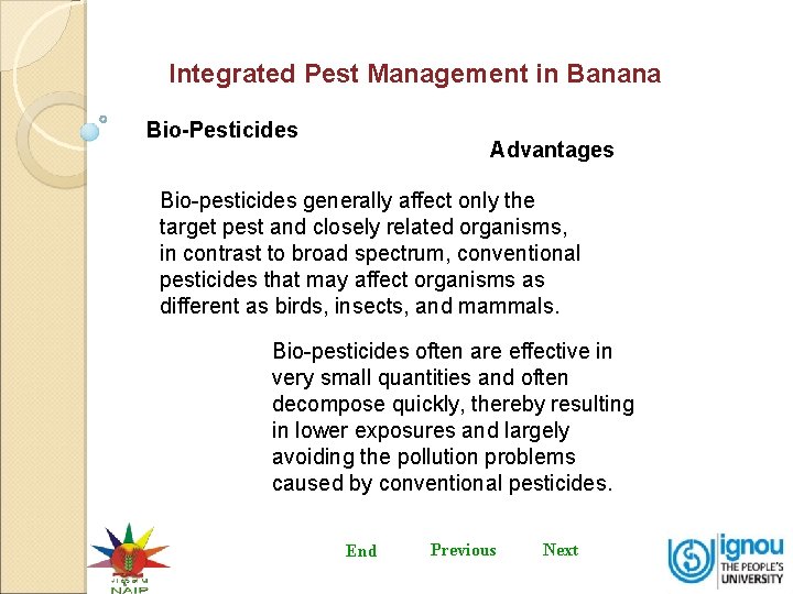 Integrated Pest Management in Banana Bio-Pesticides Advantages Bio-pesticides generally affect only the target pest