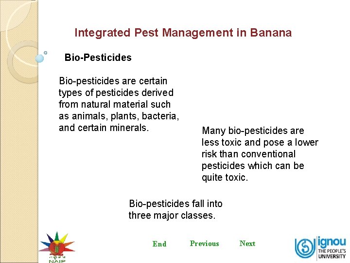 Integrated Pest Management in Banana Bio-Pesticides Bio-pesticides are certain types of pesticides derived from