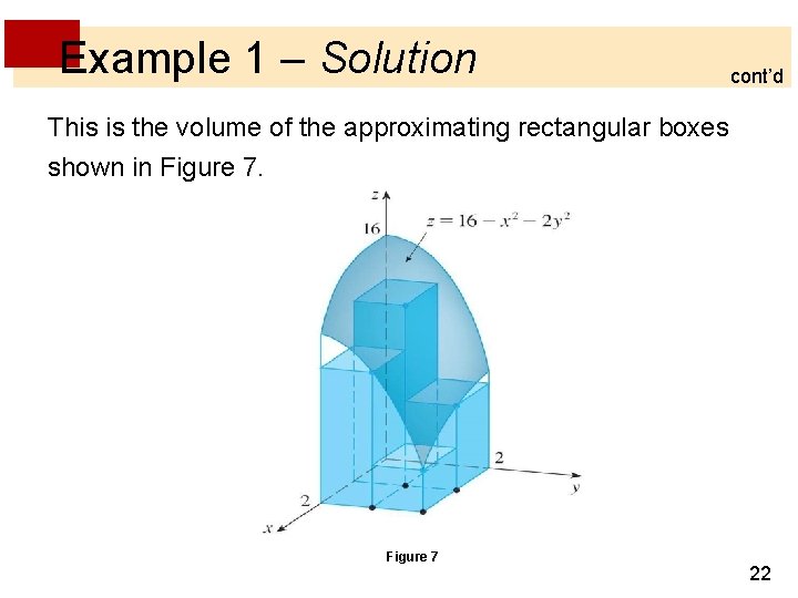 Example 1 – Solution cont’d This is the volume of the approximating rectangular boxes