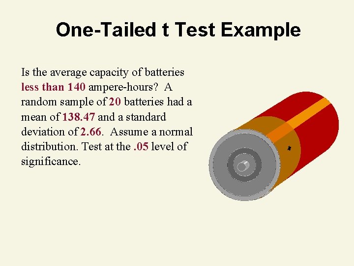 One-Tailed t Test Example Is the average capacity of batteries less than 140 ampere-hours?