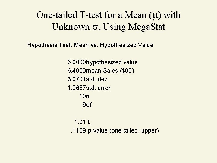 One-tailed T-test for a Mean ( ) with Unknown , Using Mega. Stat Hypothesis