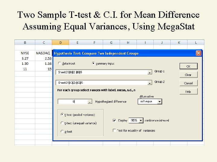 Two Sample T-test & C. I. for Mean Difference Assuming Equal Variances, Using Mega.