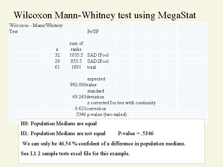 Wilcoxon Mann-Whitney test using Mega. Stat Wilcoxon - Mann/Whitney Test n 32 29 61