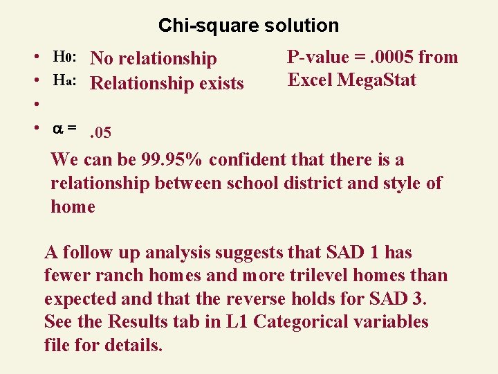 Chi-square solution • H 0: No relationship • Ha: Relationship exists • • =.