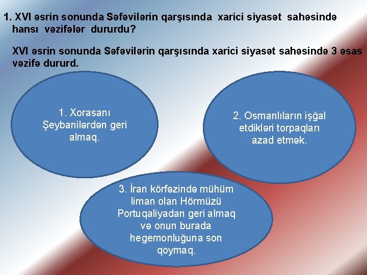 1. XVI əsrin sonunda Səfəvilərin qarşısında xarici siyasət sahəsində hansı vəzifələr dururdu? XVI əsrin