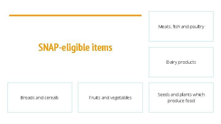 Meats, fish and poultry SNAP-eligible items Dairy products Breads and cereals Fruits and vegetables