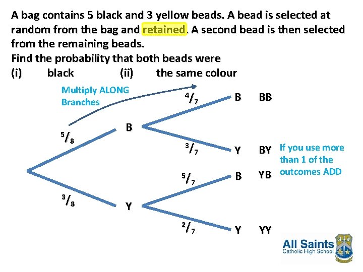 A bag contains 5 black and 3 yellow beads. A bead is selected at A bag contains 5 black and 3 yellow beads. A bead is selected at