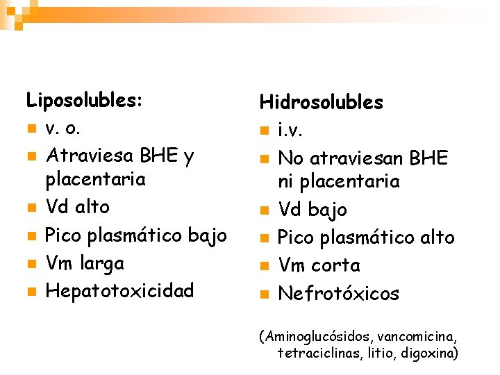 Liposolubles: n v. o. n Atraviesa BHE y placentaria n Vd alto n Pico