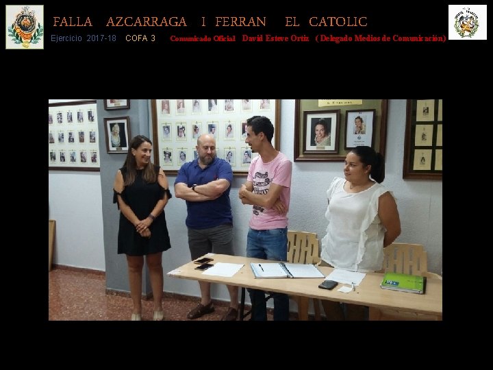 FALLA AZCARRAGA I FERRAN EL CATOLIC Ejercicio 2017 -18 COFA 3 Comunicado Oficial David