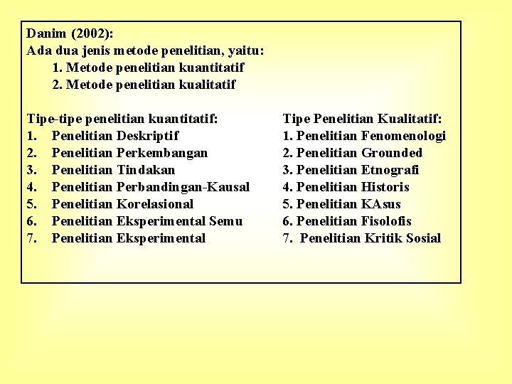 Danim (2002): Ada dua jenis metode penelitian, yaitu: 1. Metode penelitian kuantitatif 2. Metode