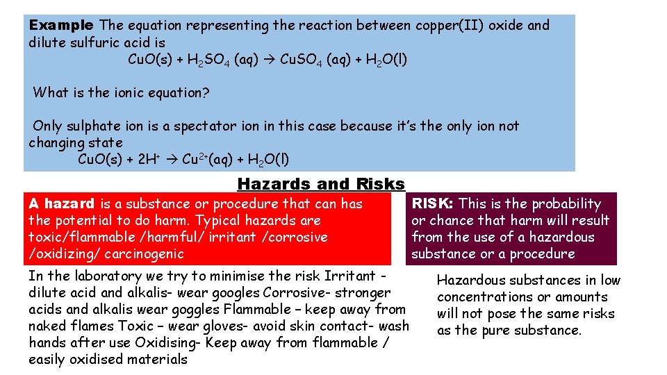 Example The equation representing the reaction between copper(II) oxide and dilute sulfuric acid is