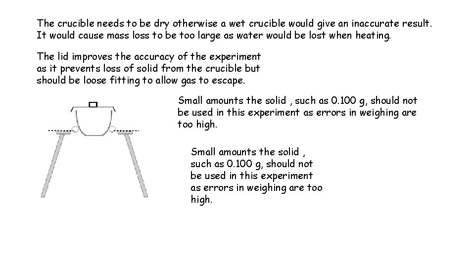 The crucible needs to be dry otherwise a wet crucible would give an inaccurate